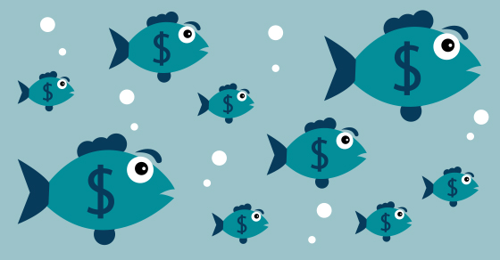 Illustration of fish with dollar signs on them.
