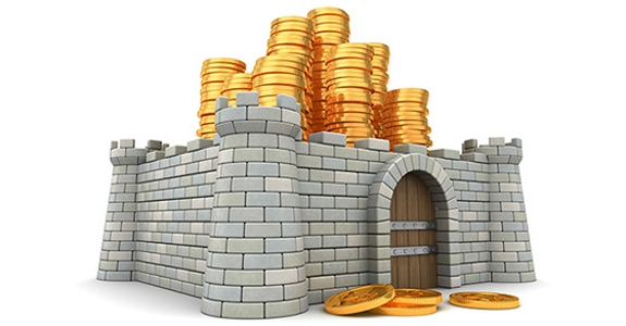 3-D illustration of fortress around pile of golden coins