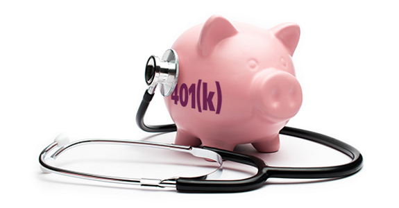Piggy bank labeled "401(k)," with a stethoscope