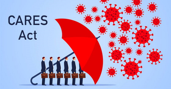 Illustration of line of businesspeople shielding themselves from a virus with a giant umbrella.