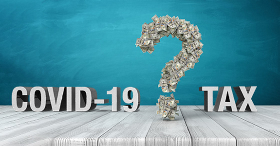 Dollar bills shaped into a question mark between the words "COVID-19 TAX"